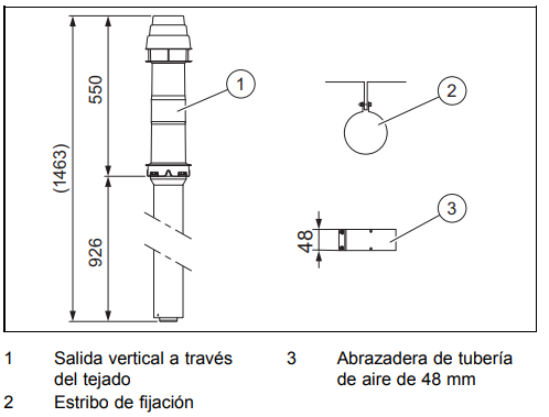El Kit Salida Vertical Tejado Negro Vaillant 60/100 mm (Ref. 0020220656) está diseñado para la evacuación vertical de gases de combustión y la toma de aire en calderas de condensación Vaillant ecoTEC pure. Este sistema concéntrico (PP) Ø 60/100 mm garantiza una instalación segura, eficiente y estanca, cumpliendo con los estándares de calidad y certificación CE de la marca. Este kit permite la salida vertical a través del tejado inclinado o plano, facilitando el montaje del conducto concéntrico de aire/evacuación de gases. Su acabado en color negro (RAL 9005) le otorga una integración estética perfecta con cubiertas oscuras y materiales modernos. El conjunto incluye todos los elementos necesarios para la instalación: 1. Salida vertical a través del tejado 2. Estribo de fijación 3. Abrazadera de tubería de aire de 48 mm Fabricado con materiales plásticos de alta resistencia (PP), ofrece una excelente durabilidad ante la condensación, la humedad y las altas temperaturas. Además, su diseño concéntrico permite la admisión de aire y evacuación de gases en un solo conducto, optimizando el rendimiento del sistema de combustión. Este kit forma parte del sistema certificado de conductos de evacuación Vaillant, asegurando la máxima compatibilidad y seguridad con calderas de la gama ecoTEC pure. Ideal para instalaciones en viviendas unifamiliares o edificaciones con salida superior. 👉 En resumen, el Kit 0020220656 Vaillant negro es la solución original recomendada por el fabricante para garantizar una instalación profesional, estética y totalmente segura.